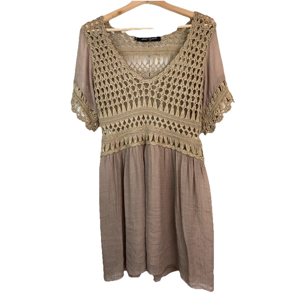 Dance in Paris Women's M Tan Crochet Lace Scoop Neck Mini Boho Dress